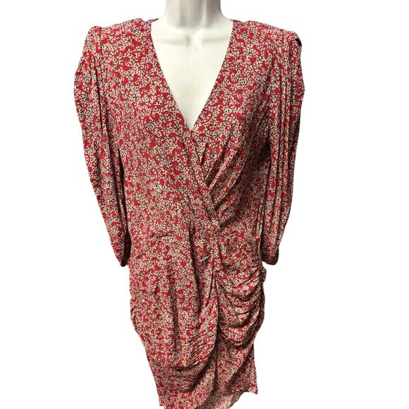 Ba&Sh Printed Crystal Mini Wrap Dress Sz 10 Carmine Ruched Puff Sleeves Cocktail - Picture 2 of 7